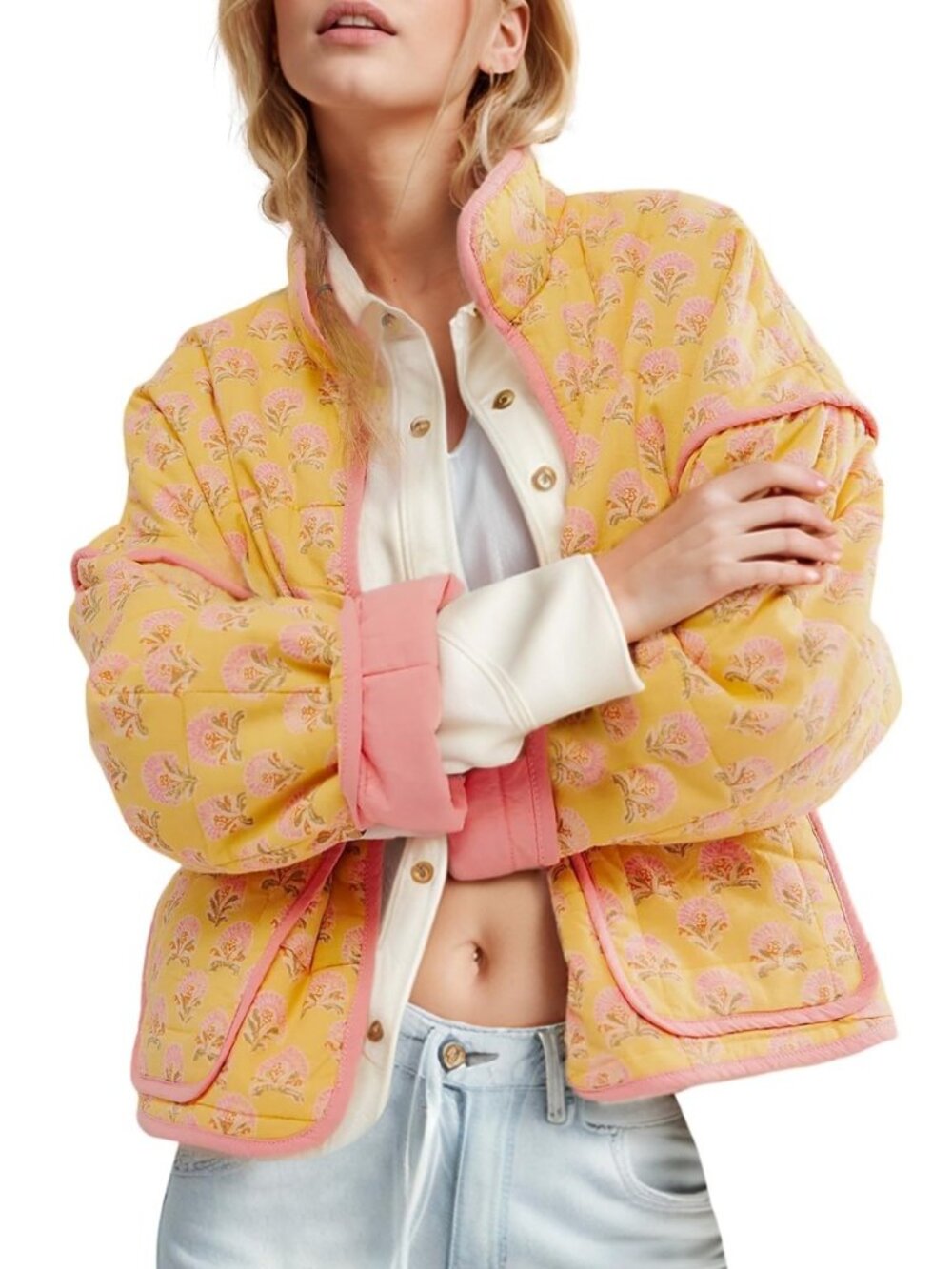 Women's Cropped Quilted Jacket Floral Print Puffer Jackets Open Front